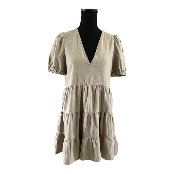 ZARA Olive Green Tan V Neck XS Comfortable Classic Babydoll Dress - Picture 1 of 8